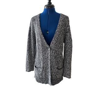 J.Jill Black/White Single Button Cardigan Size MP Petite Minimalist Cottage Easy
